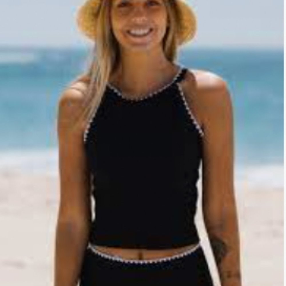 Beachsissi White Trim Round Neck Black Tankini Set   SKU: BCJ009106